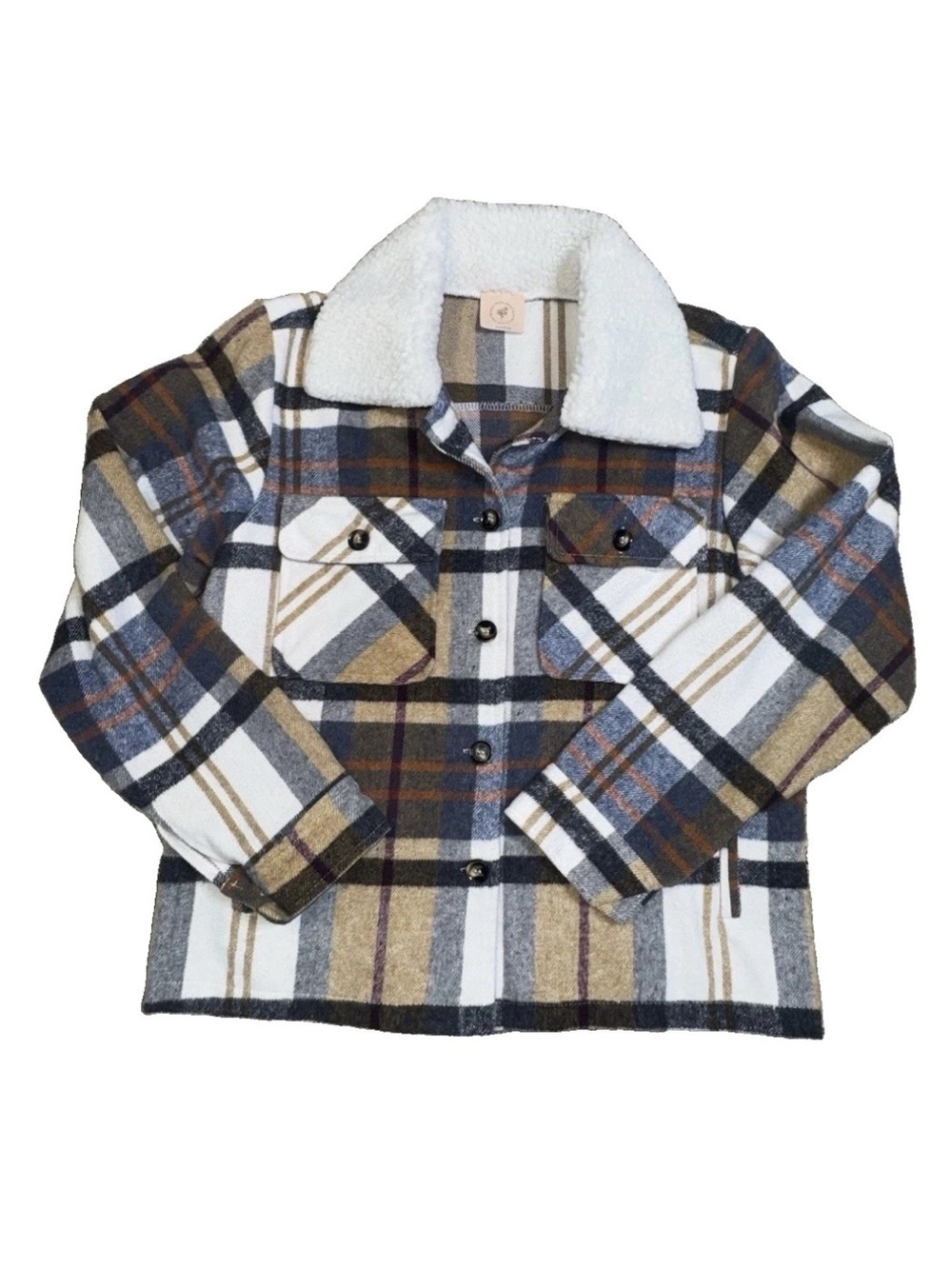 Womens Medium Plaid Shacket Sherpa Collar Boutique Jacket Blue Tan Cream Western